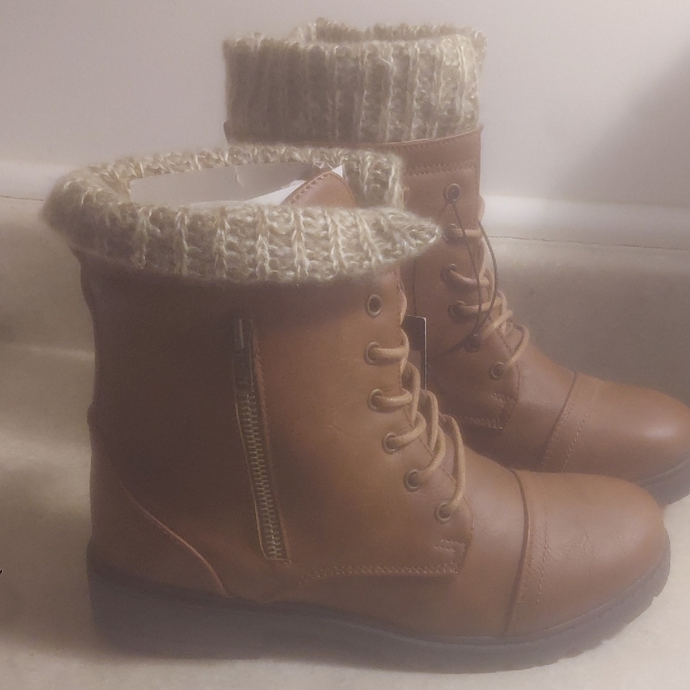Tan Lace-Up Boots with Knit Trim